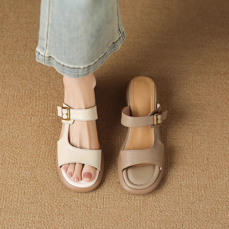 여성 가죽 샌들 여름용 두꺼운 굽 버클 캐주얼 스타일  - Insole Memory Foam 리뷰 및 가격